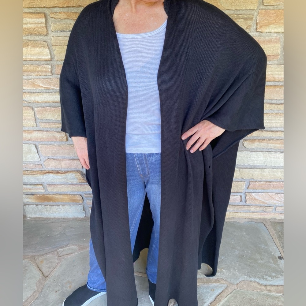 Eskandar Rolling Front Open Front Black Linen Knit Coat Cardigan Tabard